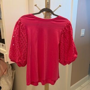 Gibson Latimer Hot Pink Eyelet Puff Sleeve Tee